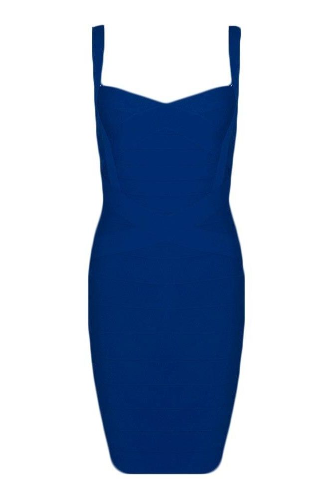 Woman wearing a figure flattering  Heidi Bandage Mini Dress - Navy Blue Bodycon Collection