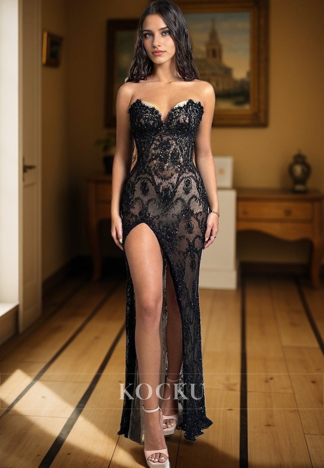 L1988 - Sweetheart Strapless Sheer Lace Sheath Long Prom Evening Dress With Slit - Fashionpara