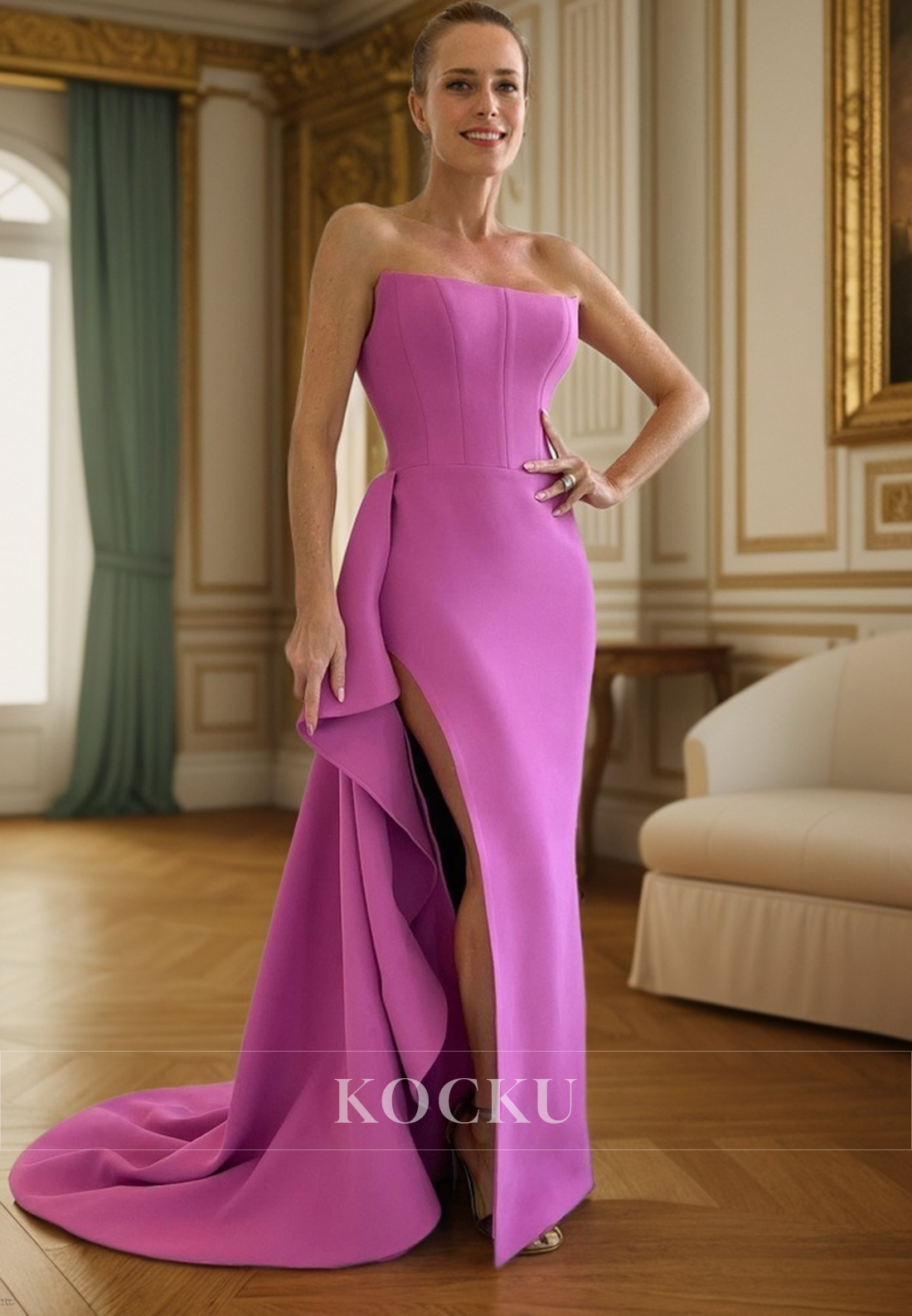 L3105 - Elegant & Simple Off-Shoulder Sleeveless Split Evening Party Prom Dress - Fashionpara