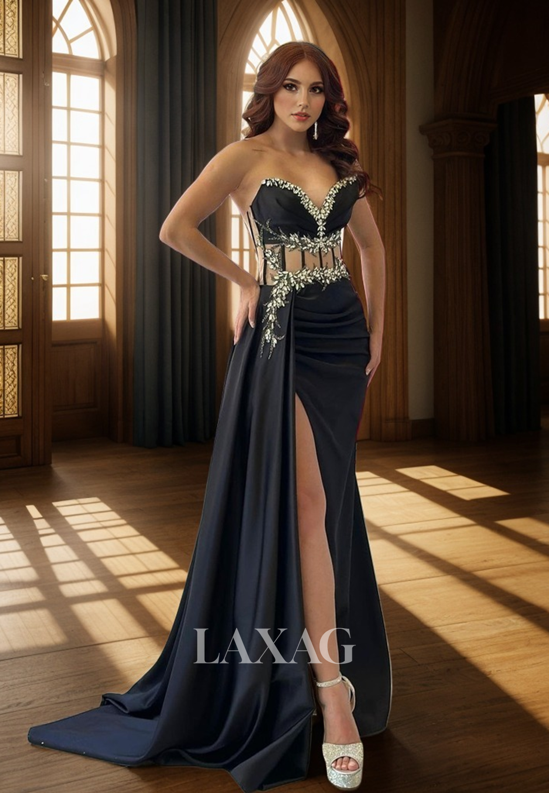 22294 - Spaghetti Straps illusion Beaded Draped Sleek Satin High Slit Prom Dress - Fashionpara