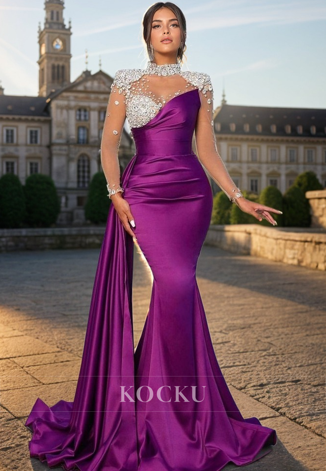 L1383 - High Neck Long Sleeves Beaded Tulle Satin Mermaid Long Prom Evening Dress - Fashionpara