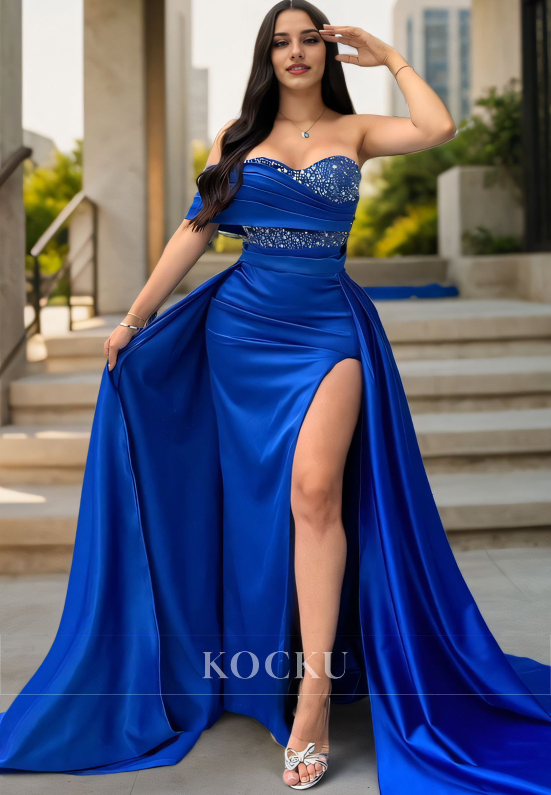 Gorgeous & Charming Sleeveless Off-Shoulder Beaded Split Evening Party Prom Dress - Fashionpara