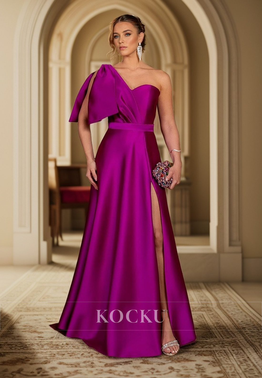 L3103 - Gorgeous & Charming A-Line One Shoulder Satin Split Evening Party Prom Dress - Fashionpara