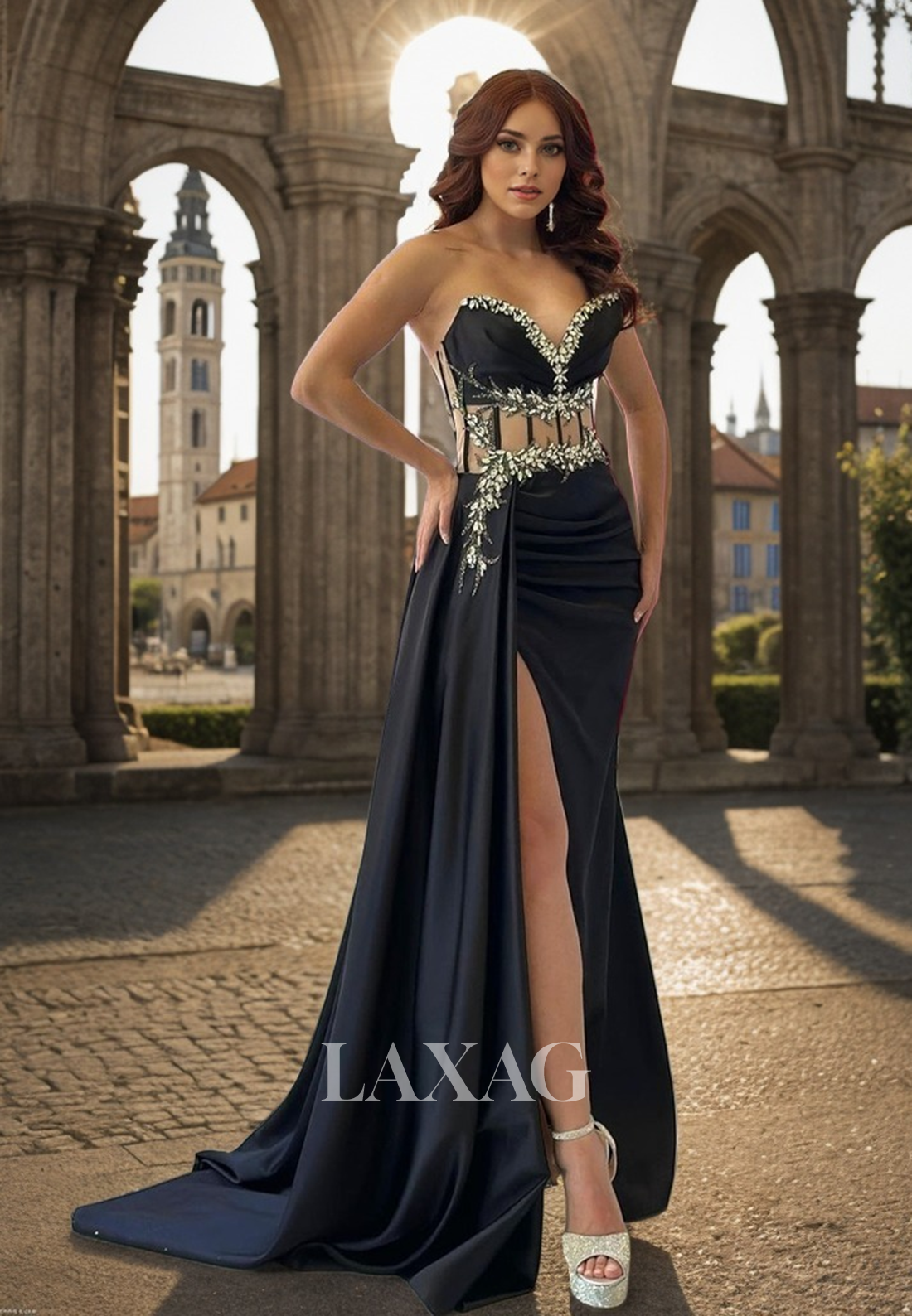 22294 - Spaghetti Straps illusion Beaded Draped Sleek Satin High Slit Prom Dress - Fashionpara