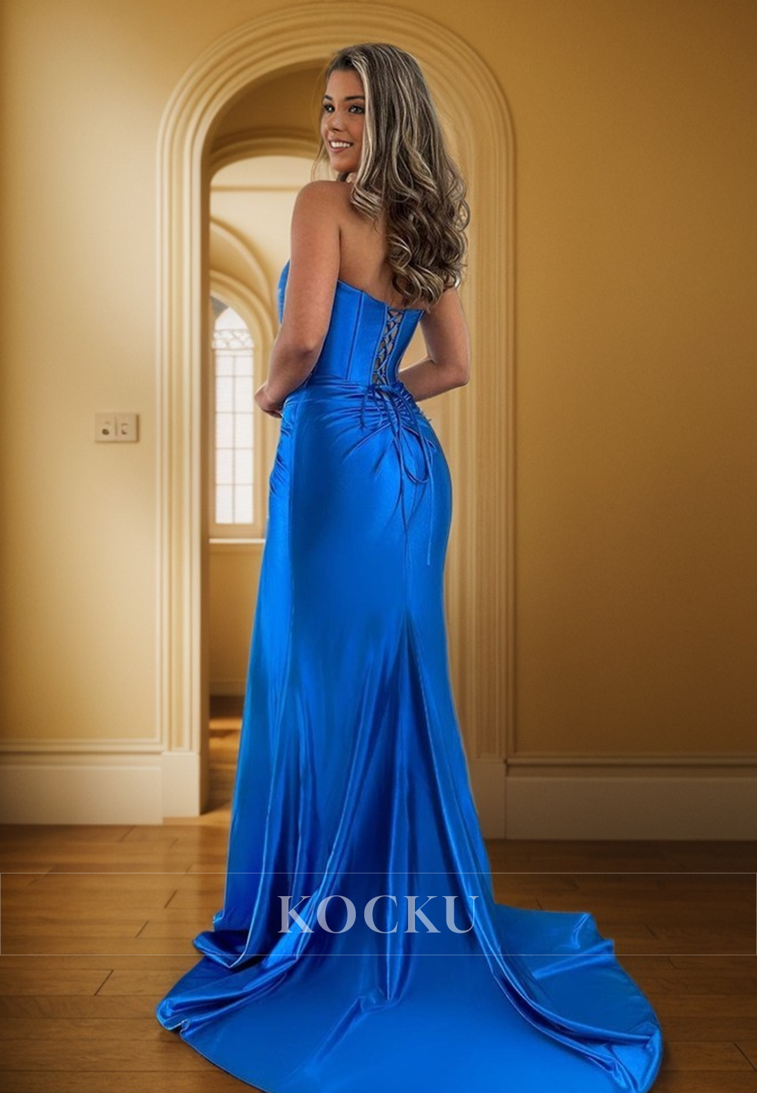 L2011 - Sweetheart Strapless Sleeveless Ruched Satin Sheath Long Evening Prom Dress - Fashionpara