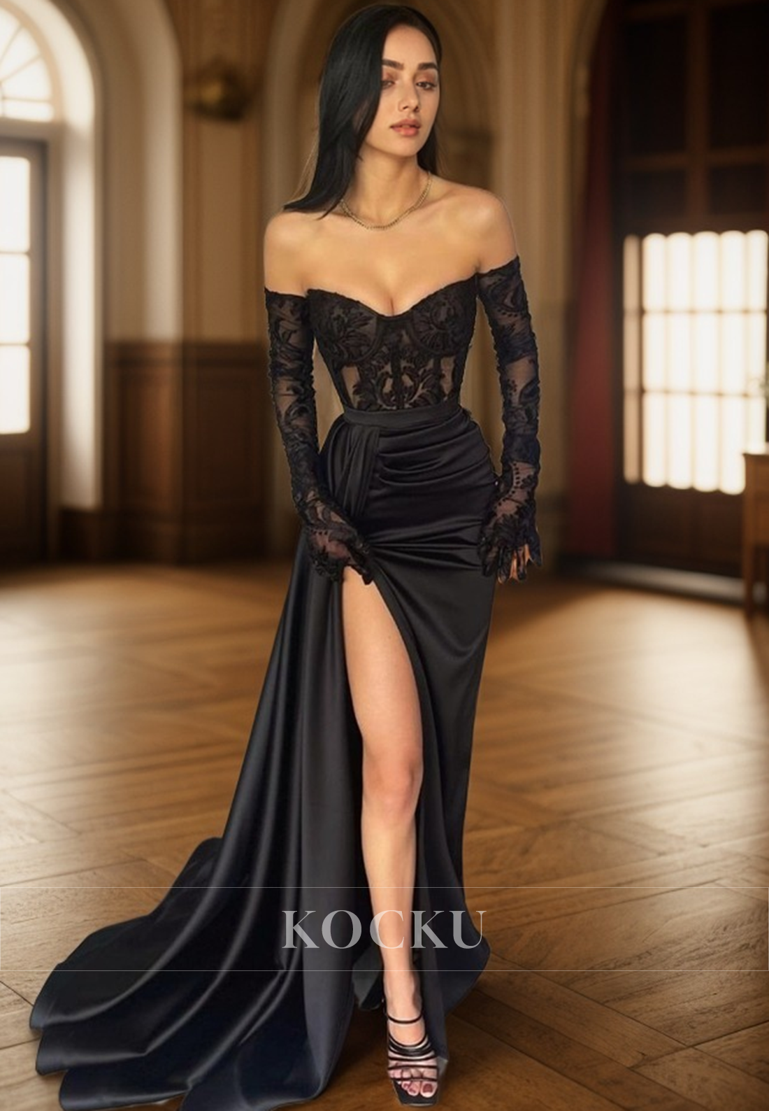 L1580 - Strapless Lace Bodice Sheath Long Prom Evening Gown With Slit - Fashionpara