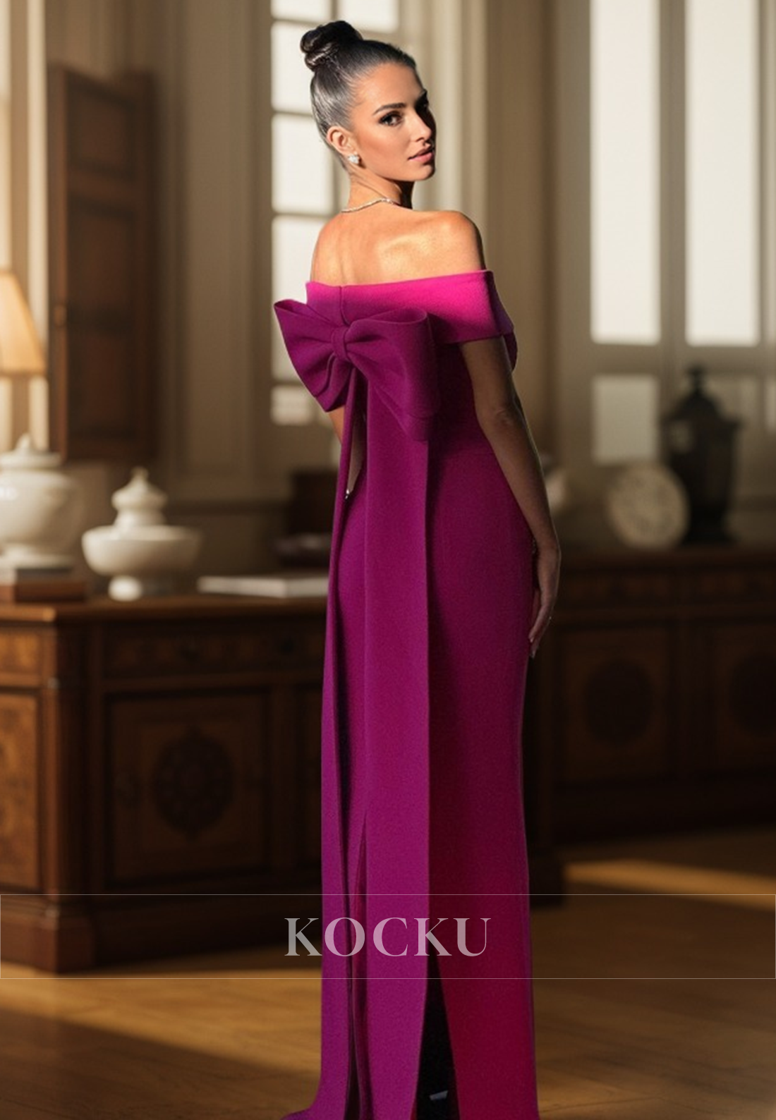 L3108 - Gorgeous & Charming Off-Shoulder Satin Evening Party Prom Dress With Bowknot - Fashionpara