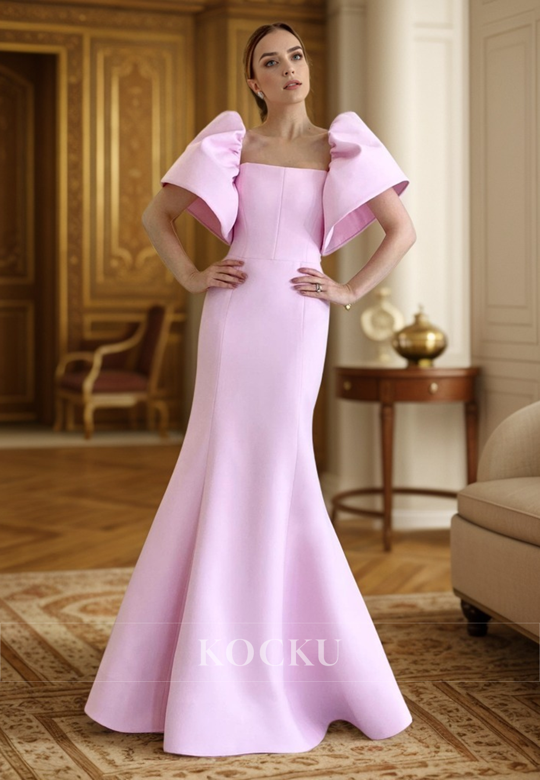 L3106 - Cute & Charming Mermaid Puff Sleeves Satin Evening Party Prom Dress - Fashionpara