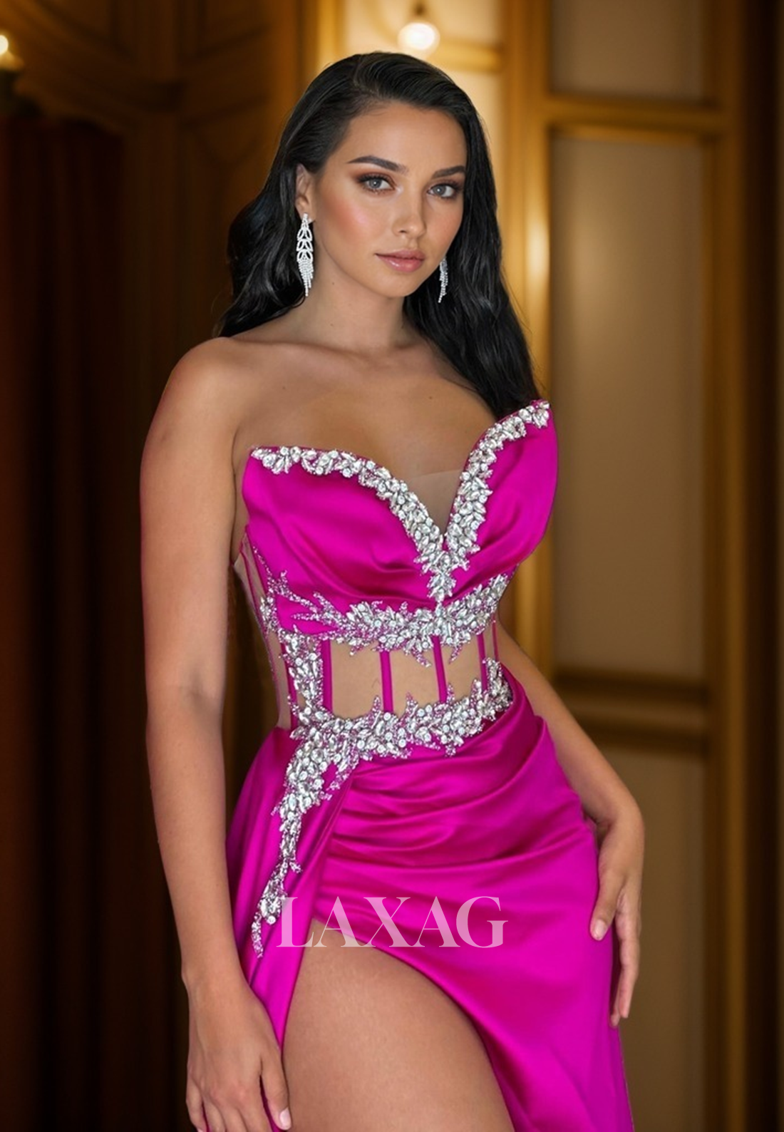 22294 - Spaghetti Straps illusion Beaded Draped Sleek Satin High Slit Prom Dress - Fashionpara