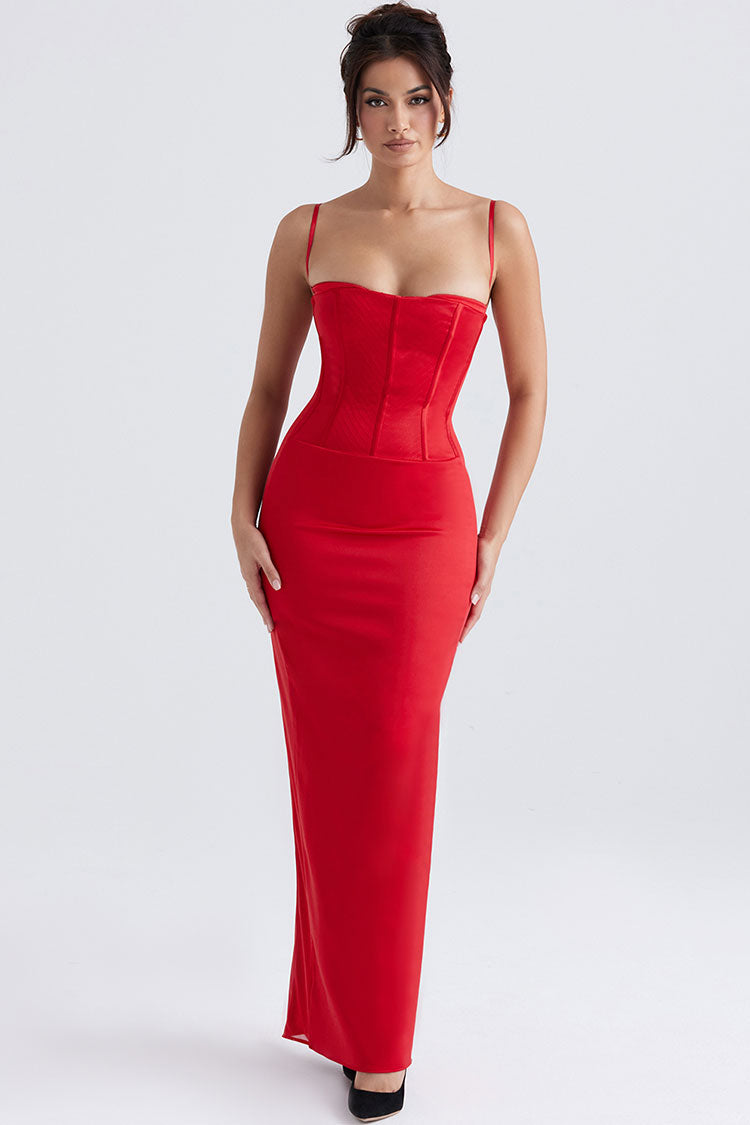 Holiday Sweetheart Corset Cami Sleeveless Satin Evening Maxi Dress - Red - Fashionpara