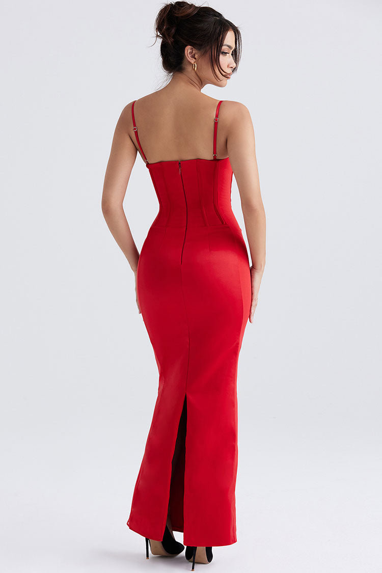 Holiday Sweetheart Corset Cami Sleeveless Satin Evening Maxi Dress - Red - Fashionpara