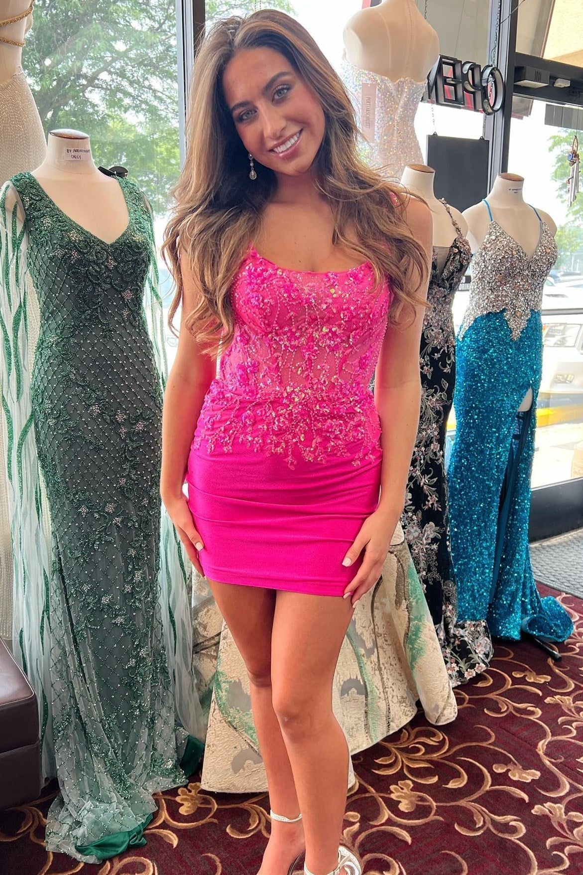 Hot Pink Sequined Lace Backless Fitted Homecoming Dress