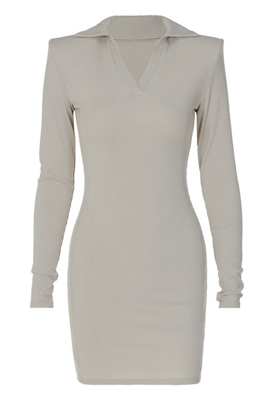 Iconic Ribbed Collared V Neck Padded Long Sleeve Mini Dress - Gray - Fashionpara