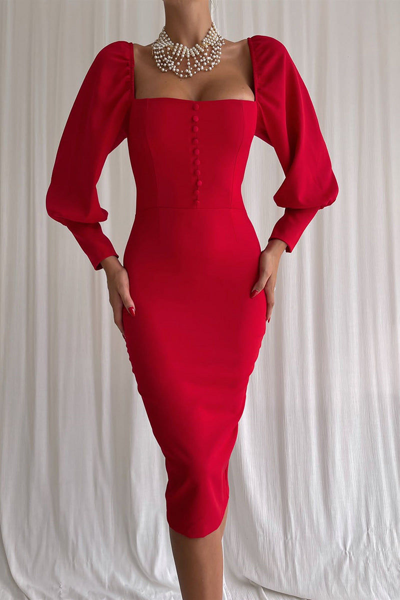 L1863 - Sheath/Column Square Neck Long Sleeves Satin Knee Length Evening Dress - Fashionpara