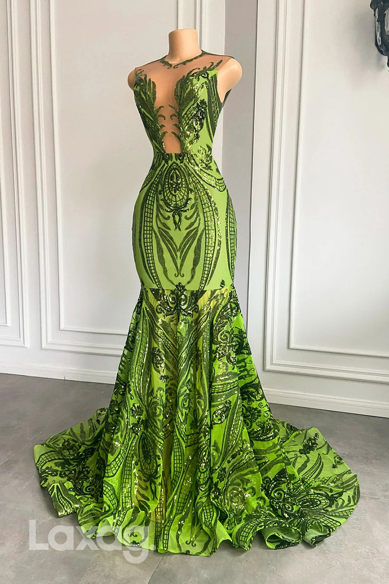 22473 - illusion V-Neck Appliques Sequins Mermaid Prom Dresses for Black Girl Slay - Fashionpara