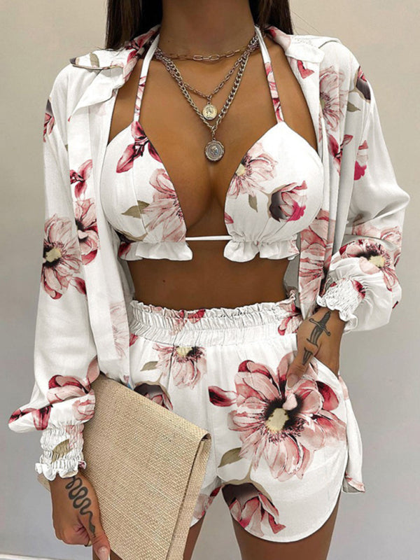 Sexy printed long-sleeved shirt and shorts three-piece suit