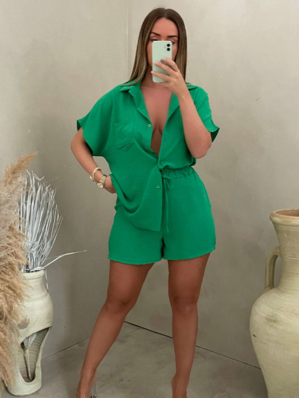 Fashion Casual Solid Color Single Breasted Sleeve Shirt Elastic Waist Shorts Two-Piece Set