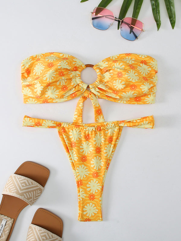 New floral plaid print bandeau bikini