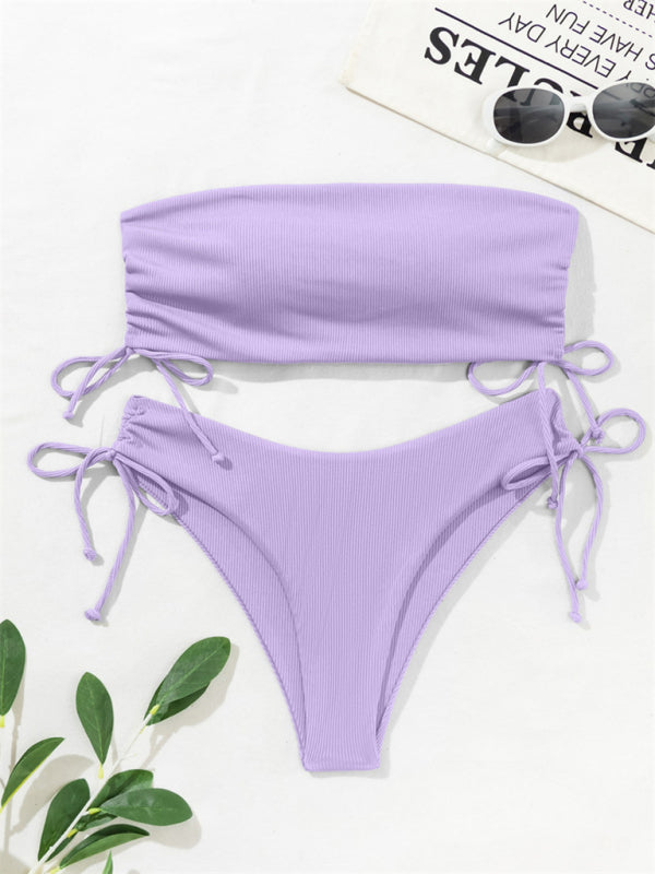 New split bandeau strap bikini solid color sexy multi-color swimsuit