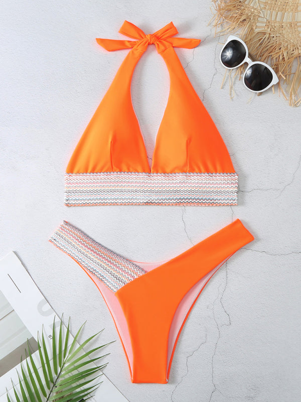 High Waist Swimsuit Color Block Web Sexy Push Up Bikini