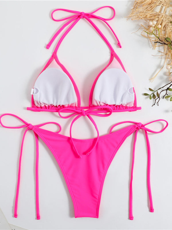 Plain color split strap women's sexy triangle bikini