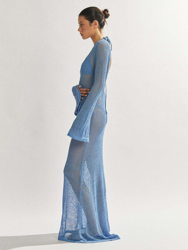 New style knitted long-sleeved backless sexy see-through floor-length maxi dress