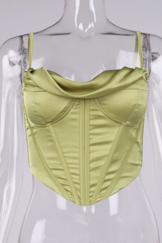 Indi Satin Crop Top - Olive Green - Fashionpara