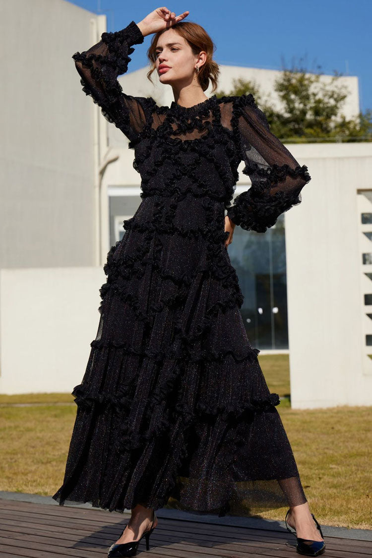 Iridescent Frill Neck Bishop Sleeve Ruffle Tulle Evening Maxi Dress - Black