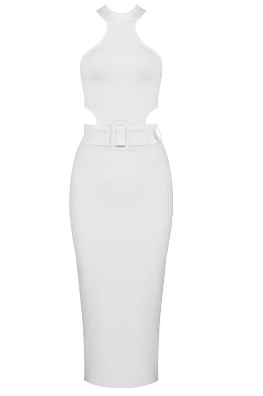 Woman wearing a figure flattering  Isabella Bandage Midi Dress - Pearl White BODYCON COLLECTION