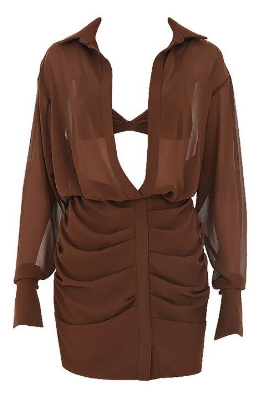 Jade Bodycon Wrap Long Sleeve Mini Dress - Tan Brown - Fashionpara