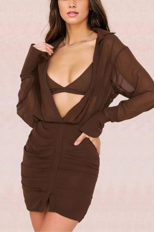 Jade Bodycon Wrap Long Sleeve Mini Dress - Tan Brown - Fashionpara