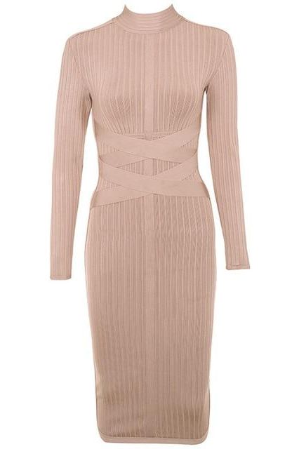 Woman wearing a figure flattering  Jane Long Sleeve Bodycon Midi Dress - Nude Bodycon Collection