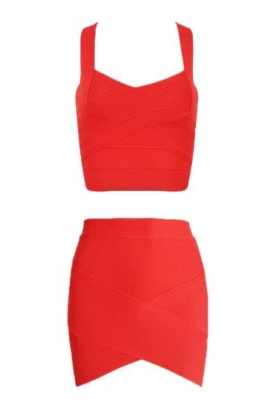 Jay Bandage Crop Top and Mini Skirt Set - Lipstick Red - Fashionpara