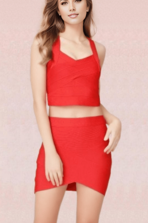 Jay Bandage Crop Top and Mini Skirt Set - Lipstick Red - Fashionpara