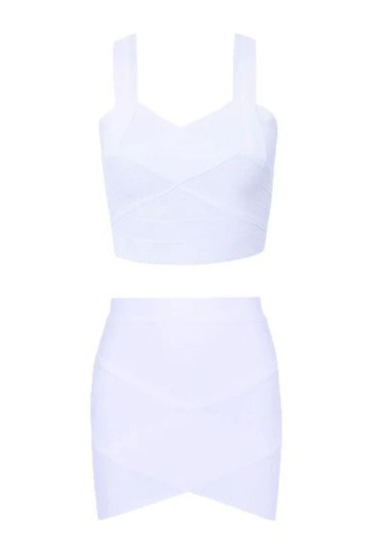 Jay Bandage Crop Top and Mini Skirt Set - Pearl White - Fashionpara