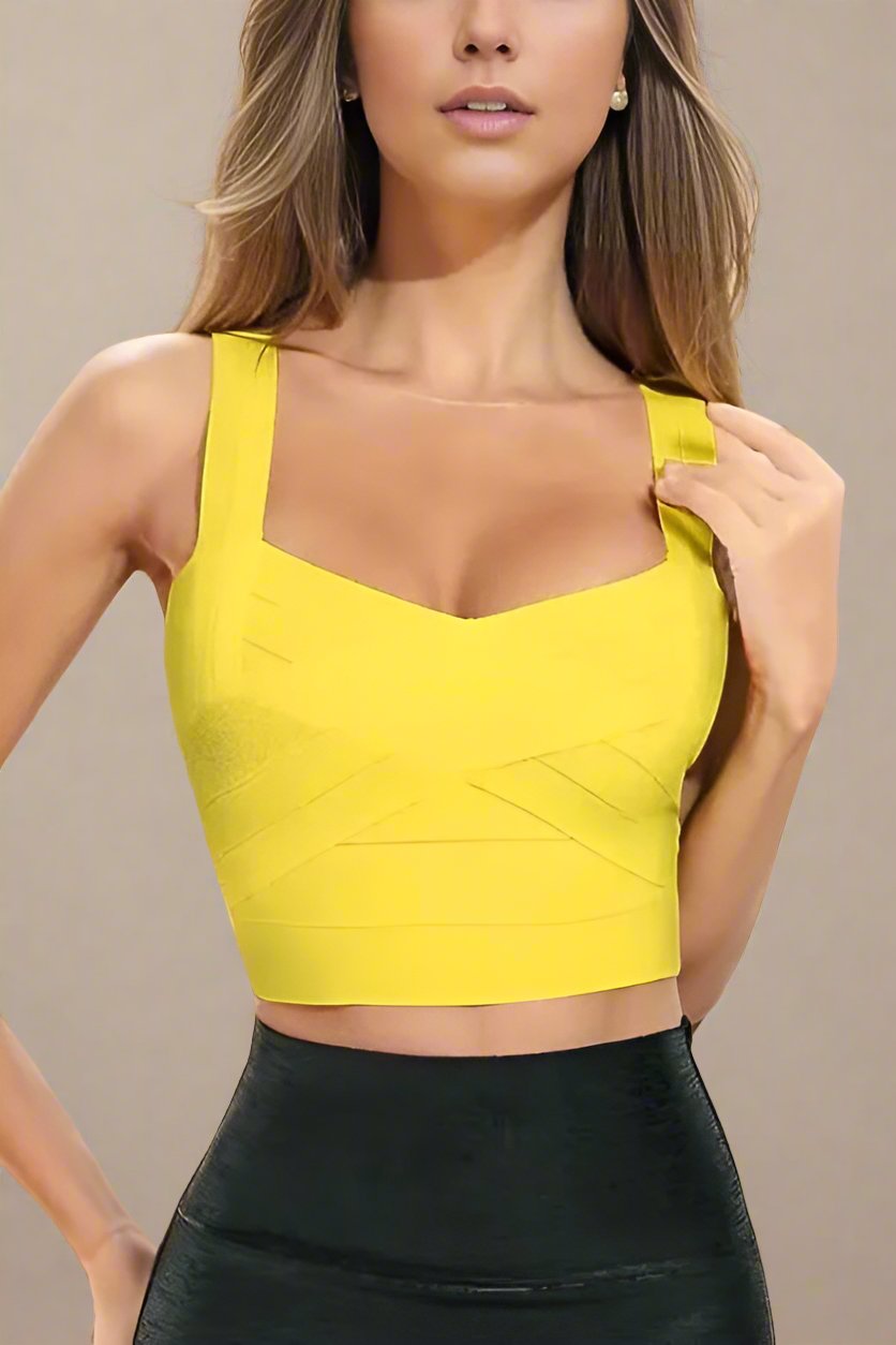 Woman wearing a figure flattering  Jay Bandage Crop Top - Sun Yellow BODYCON COLLECTION