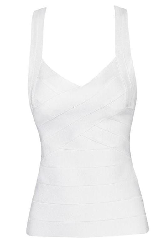 Woman wearing a figure flattering  Jay Bandage Top - Pearl White BODYCON COLLECTION