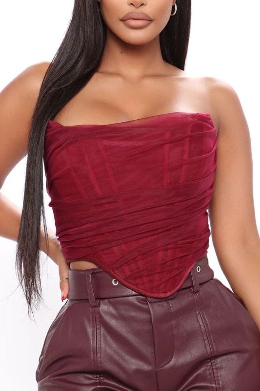 Jen Mesh Bustier Top - Red Wine - Fashionpara