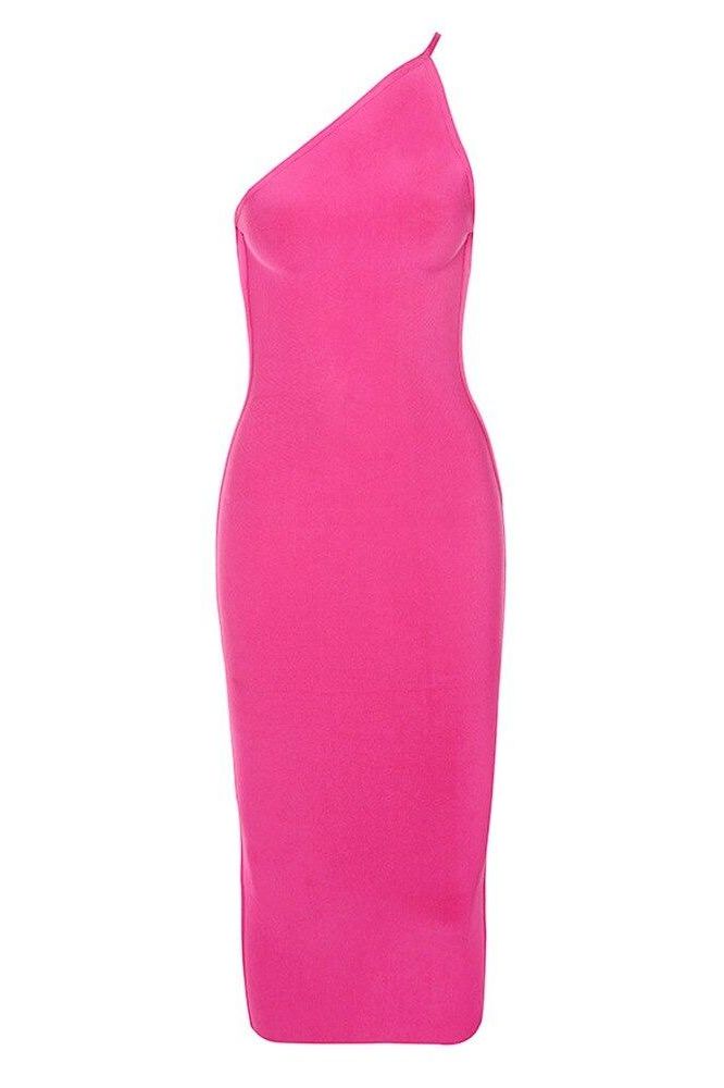 Woman wearing a figure flattering  Joi Bodycon Midi Dress - Hot Pink Bodycon Collection