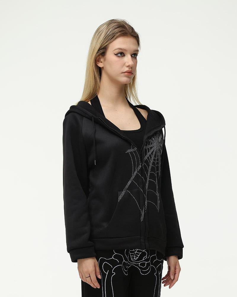 Embellished Web Oversized Zip Hoodie - Fashionpara