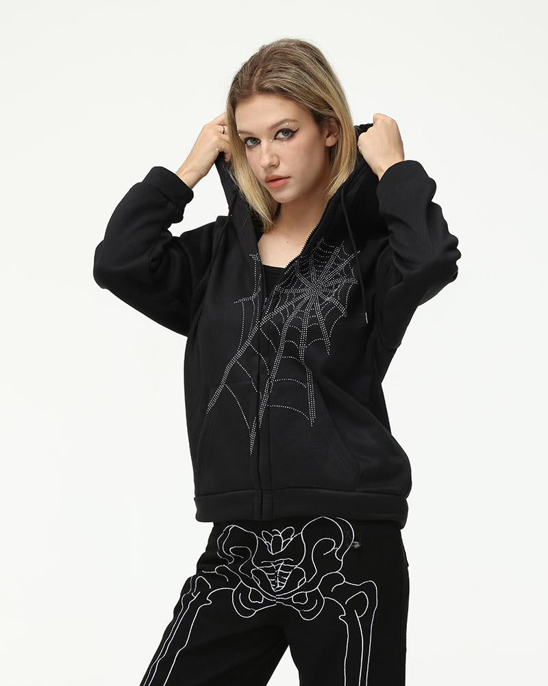 Embellished Web Oversized Zip Hoodie - Fashionpara