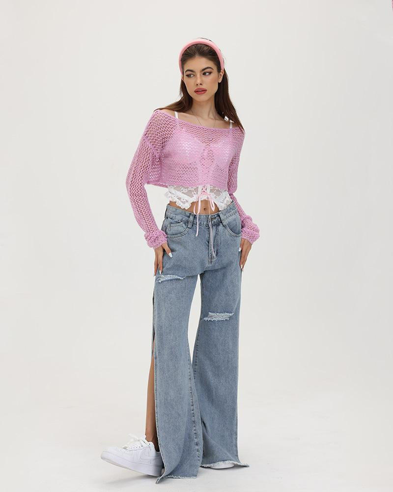 Dreamscape Knitted Eyelet Cropped Sweater - Fashionpara