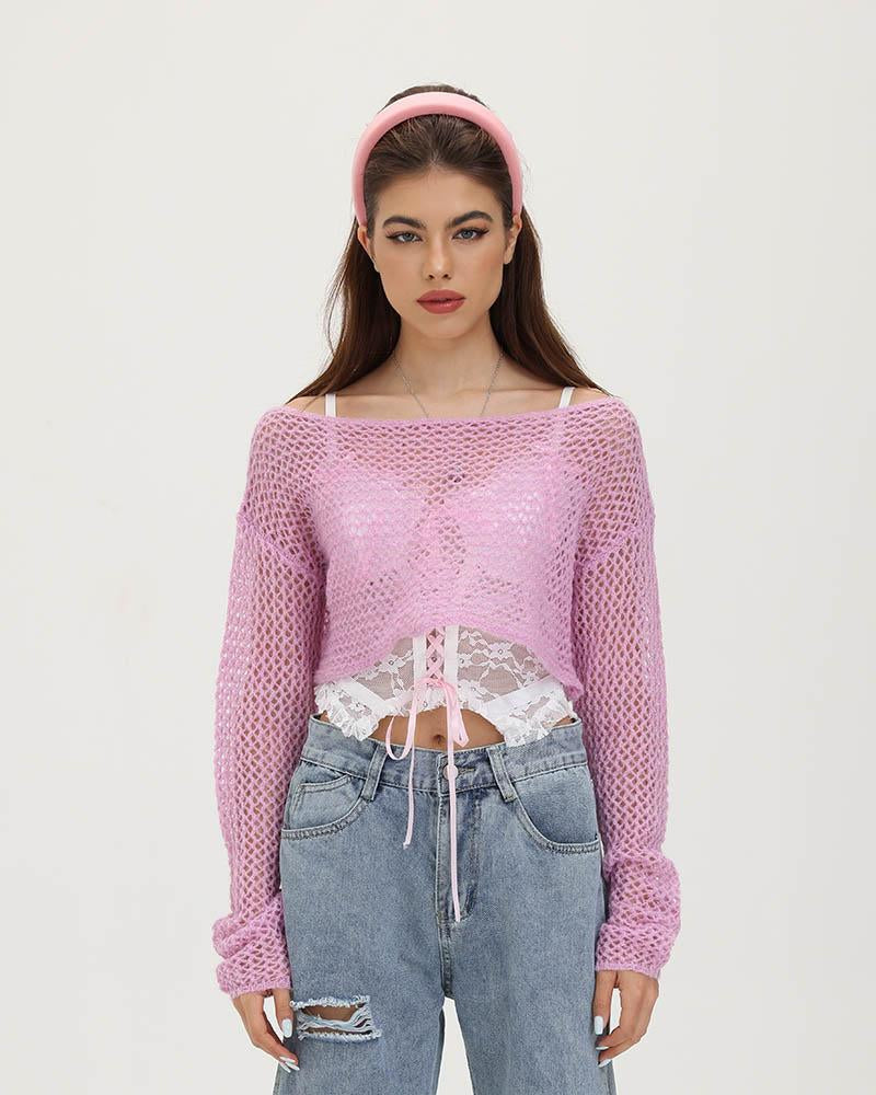 Dreamscape Knitted Eyelet Cropped Sweater - Fashionpara