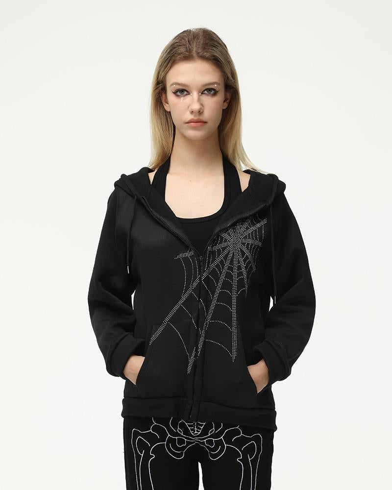 Embellished Web Oversized Zip Hoodie - Fashionpara