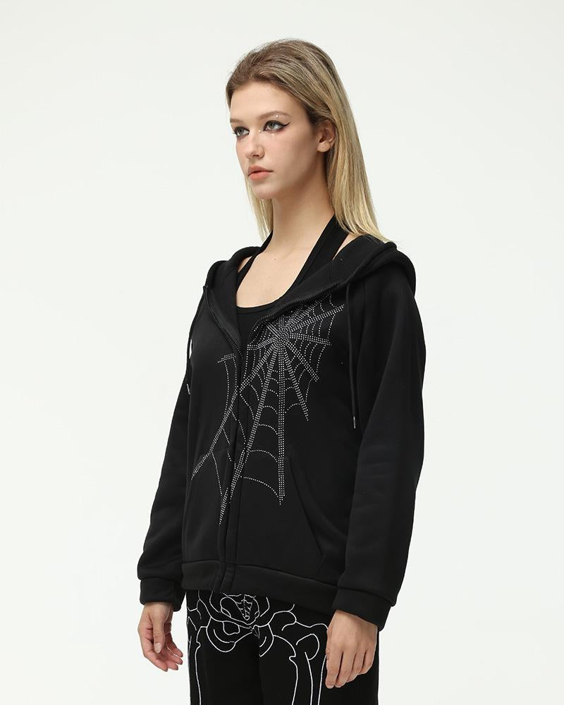 Embellished Web Oversized Zip Hoodie - Fashionpara