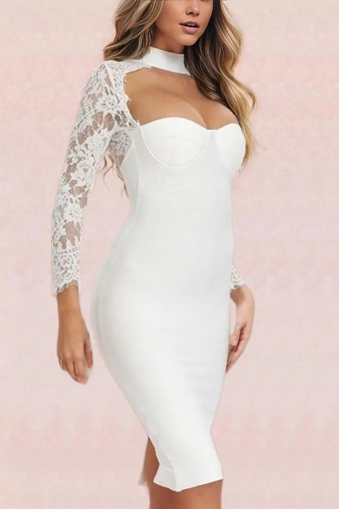 Kailey Long Sleeve Bandage Dress - Pearl White - Fashionpara