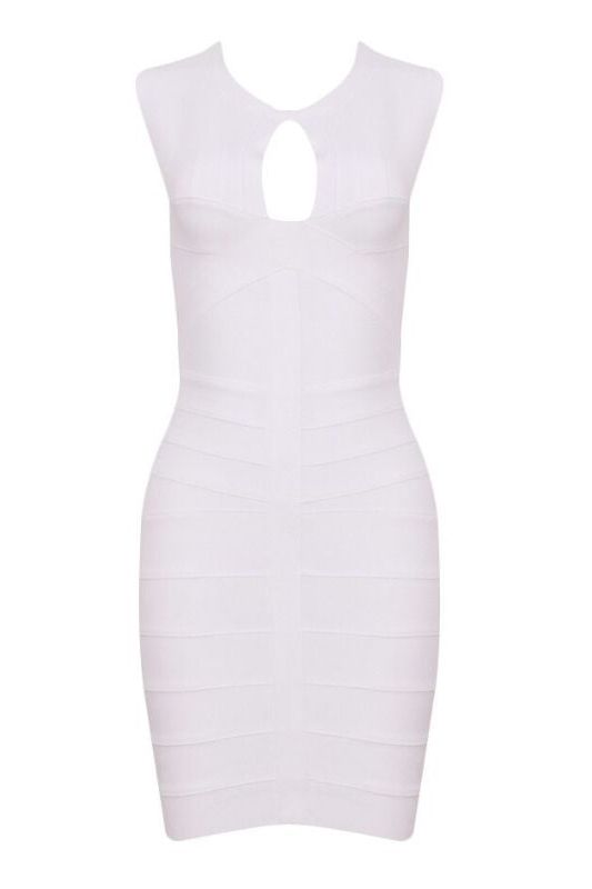 Woman wearing a figure flattering  Kia Bandage Dress - Pearl White BODYCON COLLECTION