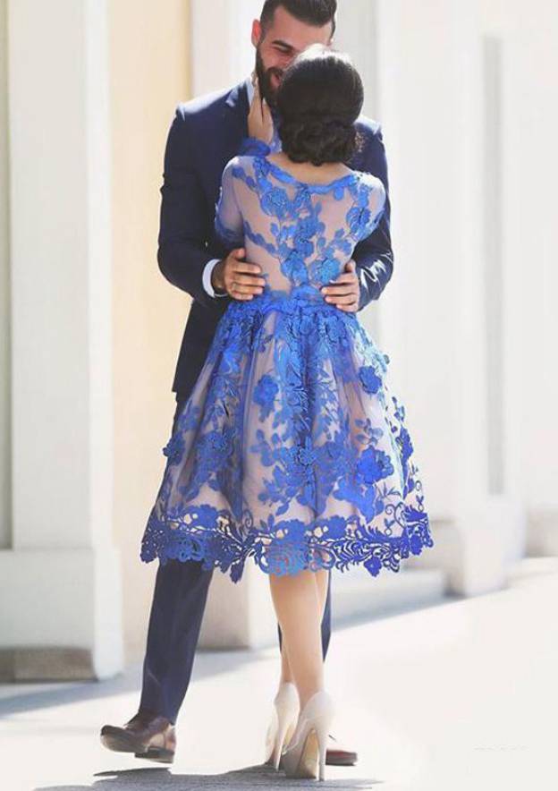 Knee-Length Lace Homecoming Dress with Elegant A-line/Princess Bateau Full/Long Sleeves