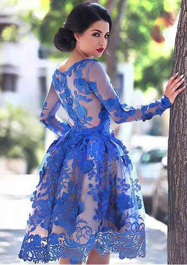 Knee-Length Lace Homecoming Dress with Elegant A-line/Princess Bateau Full/Long Sleeves