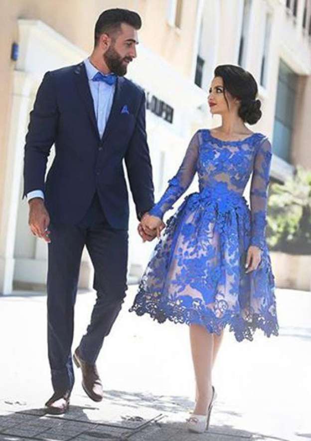 Knee-Length Lace Homecoming Dress with Elegant A-line/Princess Bateau Full/Long Sleeves